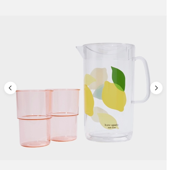 Kate Spade Lemon design Pitcher 58 oz and set of 2 cups 12 oz NIB - Picture 2 of 7